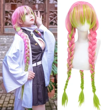 

DIANQI Synthetic Hair 100 cm Long Braid Cosplay Wigs with Bangs Ombre Light green Pink Anime For women party