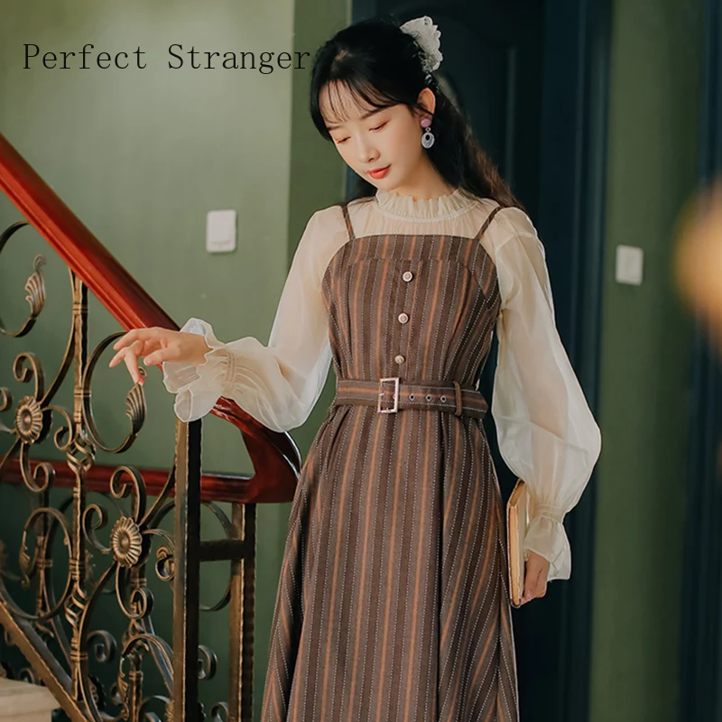 High Quality Retro 2020 Autumn New Arrival Two Pieces Stand Blouse +Brace Long Dress