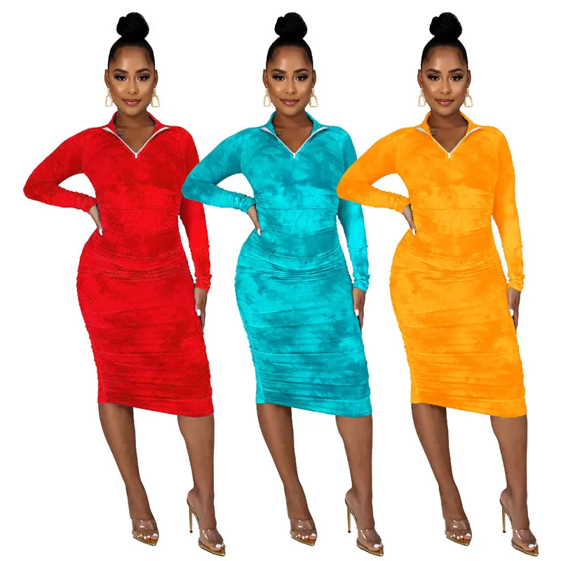 

PD Women Tie-dye Print Dress Autumn Long Sleeve Stand Collar Mid-rise Ruched One-piece Clothes Plus Size Dresses