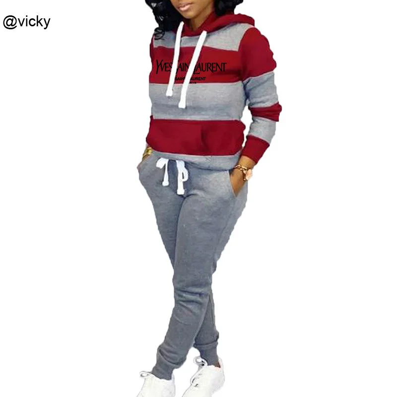

2020 New Fashion Women 2 Pieces Set Tracksuit + Pants Printing Striped Casual Sportwear Female Sweatshirt Set Women's Clothing