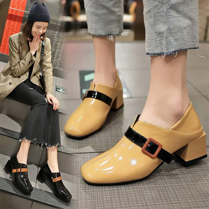 Женские осенние туфли-лодочки на среднем каблуке; Famale; мягкие прямоугольные каблуки из искусственной кожи; женская обувь с квадратным носком; женская обувь без застежки; Повседневная модная обувь