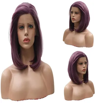 

Synthetic 13*3 Lace Front Wig Purple Short Straight Bob Heat Resistant Fiber Hair Natural Hairline Side Parting For Women Wigs
