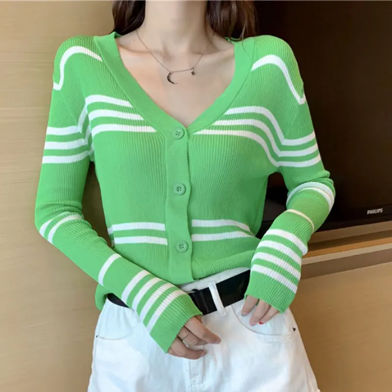 2020 Cardigan Women's Sweaters Spring and Autumn Thin Section Stripe V-Neck Sweater Single Breasted Coat Cardigan Long Sleeve