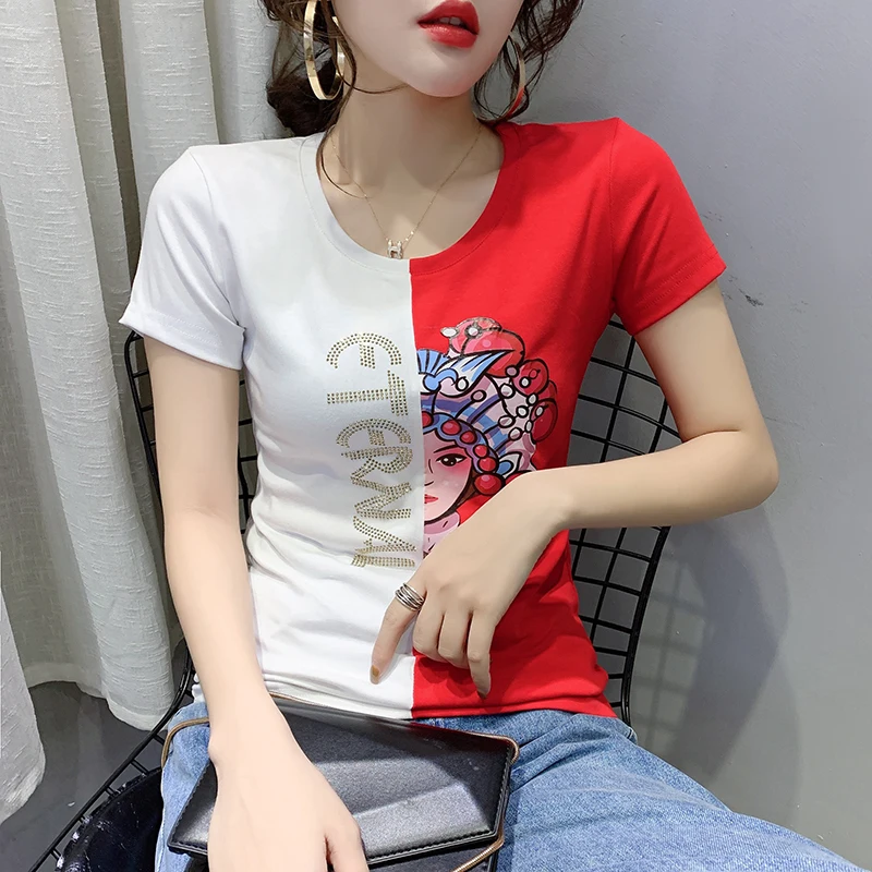 Женская Блестящая футболка со стразами контрастная Лоскутная модель T02801 на