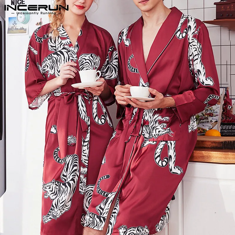 INCERUN, модная мужская атласная пижама с принтом тигра и длинным рукавом, домашняя комфортная Пижама с лацканами и поясом