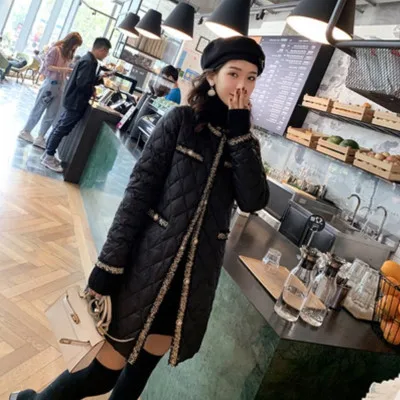 Пальто осень зима темперамент Хепберн ветер ромбовидный модный светильник тонкий вниз хлопок одежда женская модель средней длины - Цвет: Черный