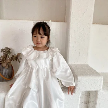 

2020 Autumn Korean Girl's Dress Children's Satin Silk Long-Sleeved Dress Fairy Baby Princess Dresses Ruffles Collar Kids Dress