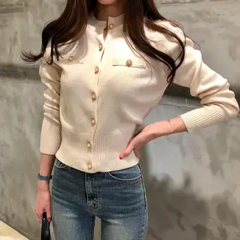 

Sweater Women Tight Knit Cardigan Women's Slim Korean Sweater Retro Long Sleeve Jacket Top 2020 Solid Single Breasted Cardigans