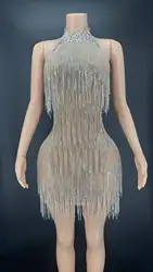 Diamond Fringes Sexy Rhinestones Dress Women Celebrate Stones Stretch Dress Stage Wear Birthday See Throught Transparent Dress