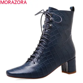 

MORAZORA 2020 new arrive genuine leather ankle boots med heels square toe lace up ladies shoes winter fashion women boots