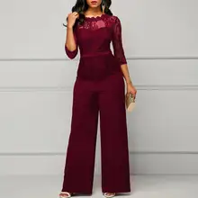 

40%HOTElegant Women 3/4 Sleeve Lace Stitching Top Wide Legging Pants Party Jumpsuit