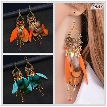 

ABAY Bohemian Blue Butterfly Feather Tassel Drop Earrings Ethnic Orange Bowknot Pendent Earrings For Women Girl Ear Jewelry Gift