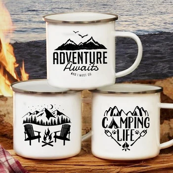 Adventure Awaits Camping Mugs Happy Campers Campfire Cup Enamel Camping Cups Outdoor Campervan Coffee Handle Mug Camper Van Gift 1