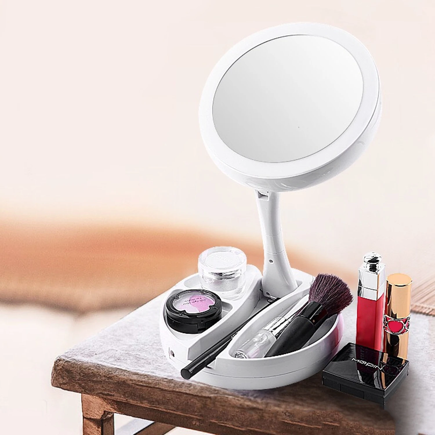 

LED Lighted Folding Makeup Mirror 360 Degree 10X Magnifying Mirror With Lights Cosmetic Lighted Makeup Mirror Foldable Mirror