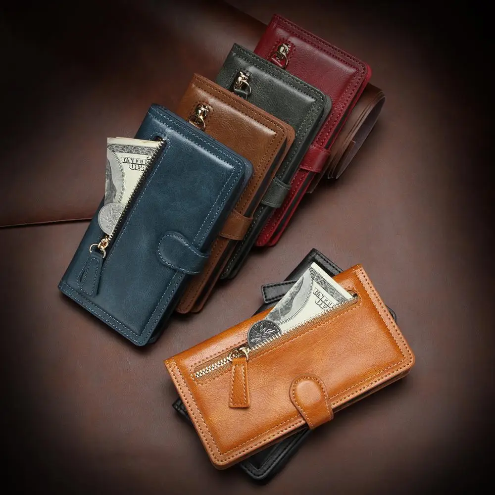 Luxury Leather Zipper Flip Wallet Case with Card Holder and Stand