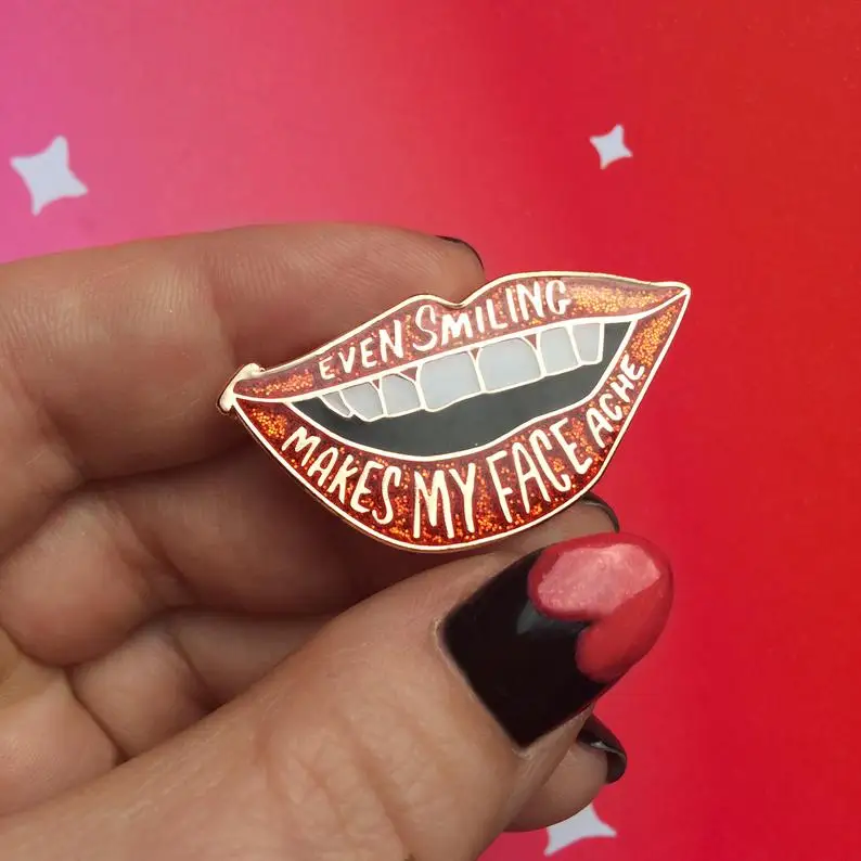 Lips Pin- Glitter Pin- Enamel Pin- Rocky Horror Picture Show Gift- Stocking Stuffer- Even Smiling Makes My Face Ache