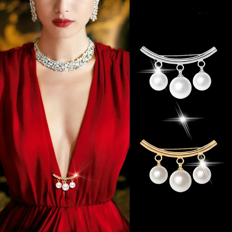

Korean New Metal Curved Brooch Pin Fixed Non-slip Buckle Pearl Collar Lapel Pin Scarf Buckle Fashion Jewelry for Women Gift Pins