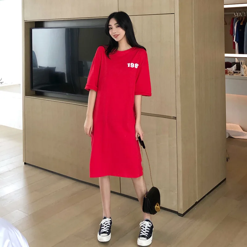 

Korean-style Loose And Plus-sized Lettered T-shirt Dress Crew Neck Lazy Mid-length Dress