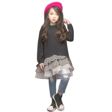 Новинка года; свитер платье для девочек детское осеннее Хлопковое платье-пачка в полоску с оборками модная одежда для больших девочек 4-14 лет