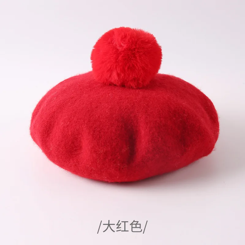 10pcs/lot 01909-pan381 Exclusive customization solid wool pompon kids berets hat boy girl children Outdoor leisure cap