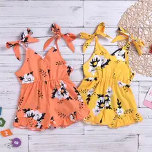 Милое боди для малышей; летние туфли с ремешками для маленьких девочек; Модный комбинезон без рукавов с цветочным принтом и рюшами и бантом для детей