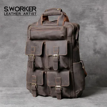 

S.WORKER Vintage Genuine Leather Backpack Men's Large Capacity Travel Bag Crazy-horse Leather Cowhide Multifunction Weekend Bag