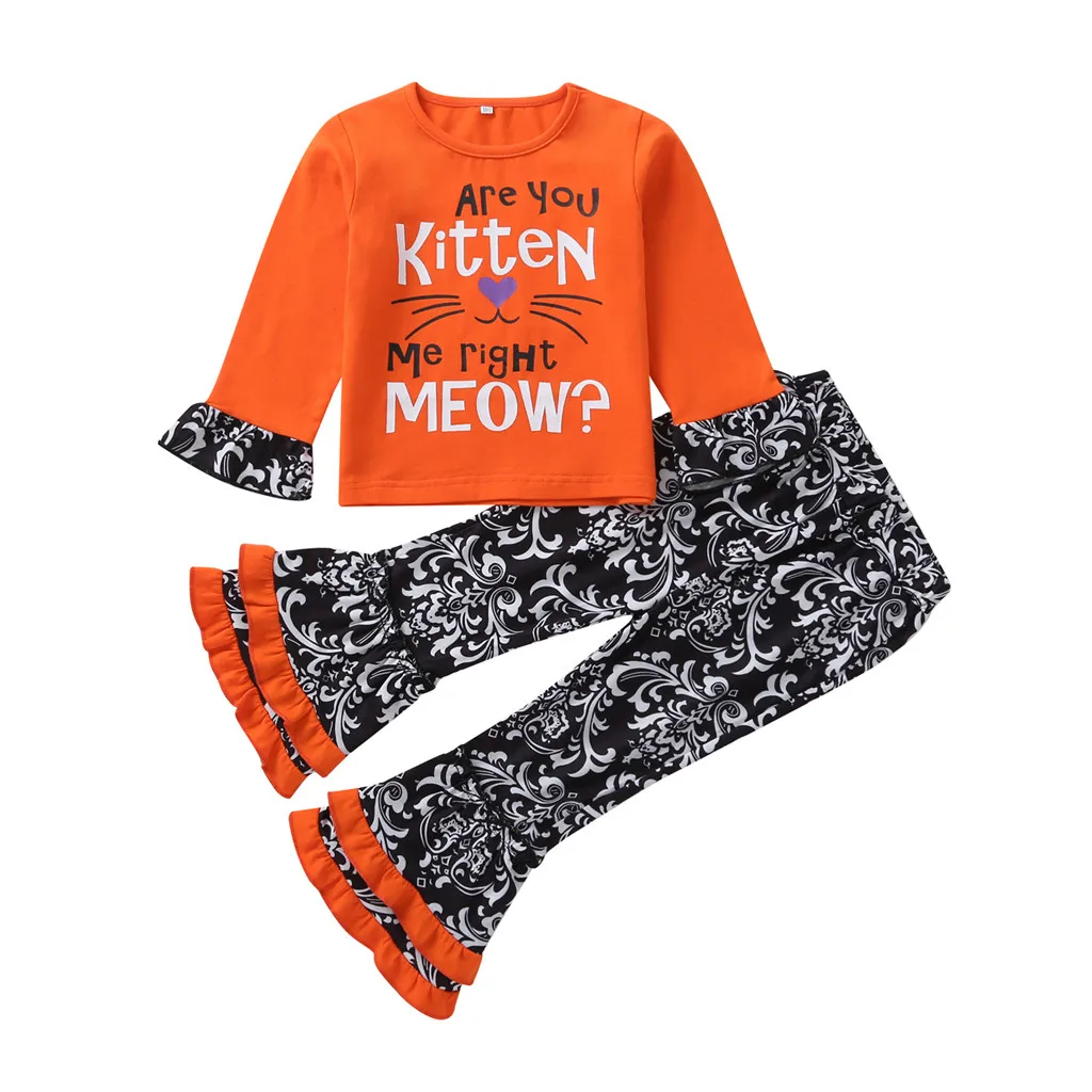 

Baby Girls Frill Halloween Clothes Set Letter Print Tops +Pants Outfit roupas infantis menina Vetement Enfant Fille costume for