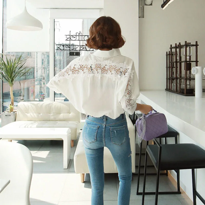 CHICEVER/Корейская Лоскутная кружевная женская рубашка с отворотным воротником и длинными рукавами, большие размеры, асимметричная блуза, Женская мода, новинка