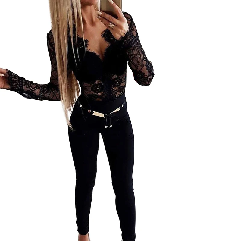 Women Elegant Fashion Bodysuits Polyester and Lace Floral Printed Full Length Regular Sleeve Big Open V-neck Skinny Bodysuits