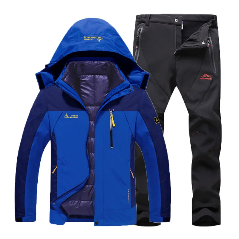 Blue Black Suit Мужские зимние водонепроницаемые треккинговые походные лыжные ползунки, теплые хлопковые куртки 3 в 1, флисовые штаны, костюм, пальто - Цвет: Blue Black Suit