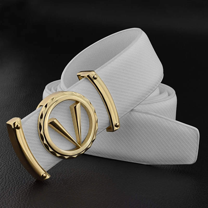 

Men Initial V Belt Buckle Fansy Designer High Quality Automatic Buckle Leather Engraved Belt for Male Jeans Retractable Button