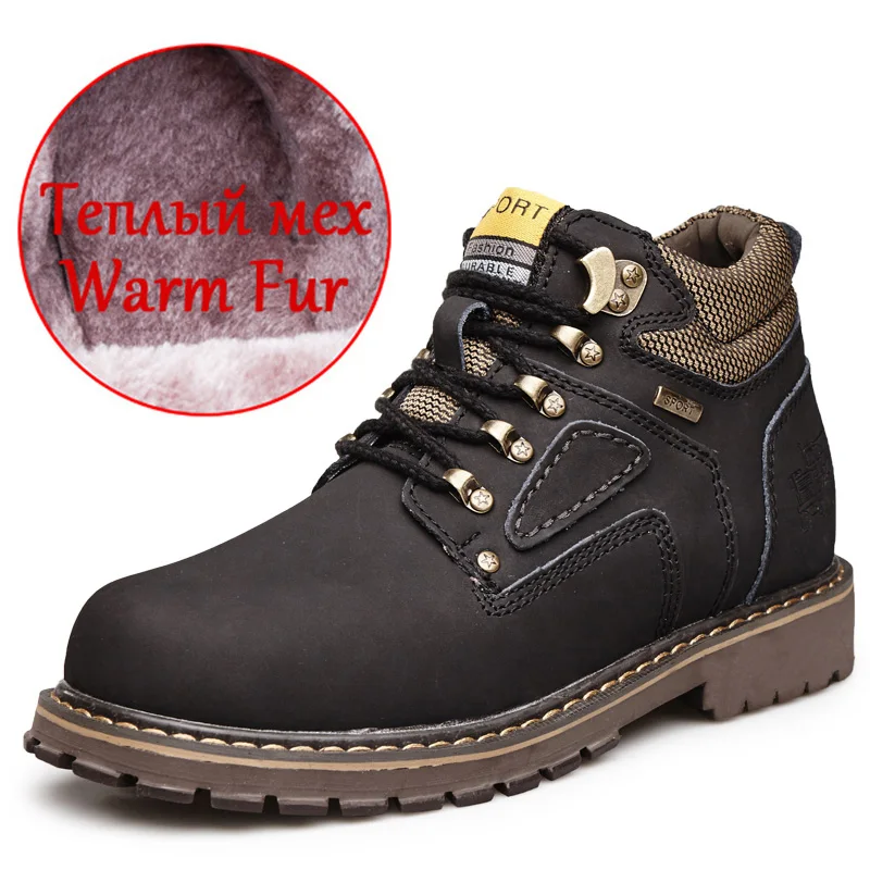 Fur Black Классические мужские зимние сапоги зимние плюшевые теплые сапоги мужские короткие мужские мотоциклетные ботинки на шнуровке Нескользящая Водонепроницаемая Мужская Рабочая обувь - Цвет: Fur Black