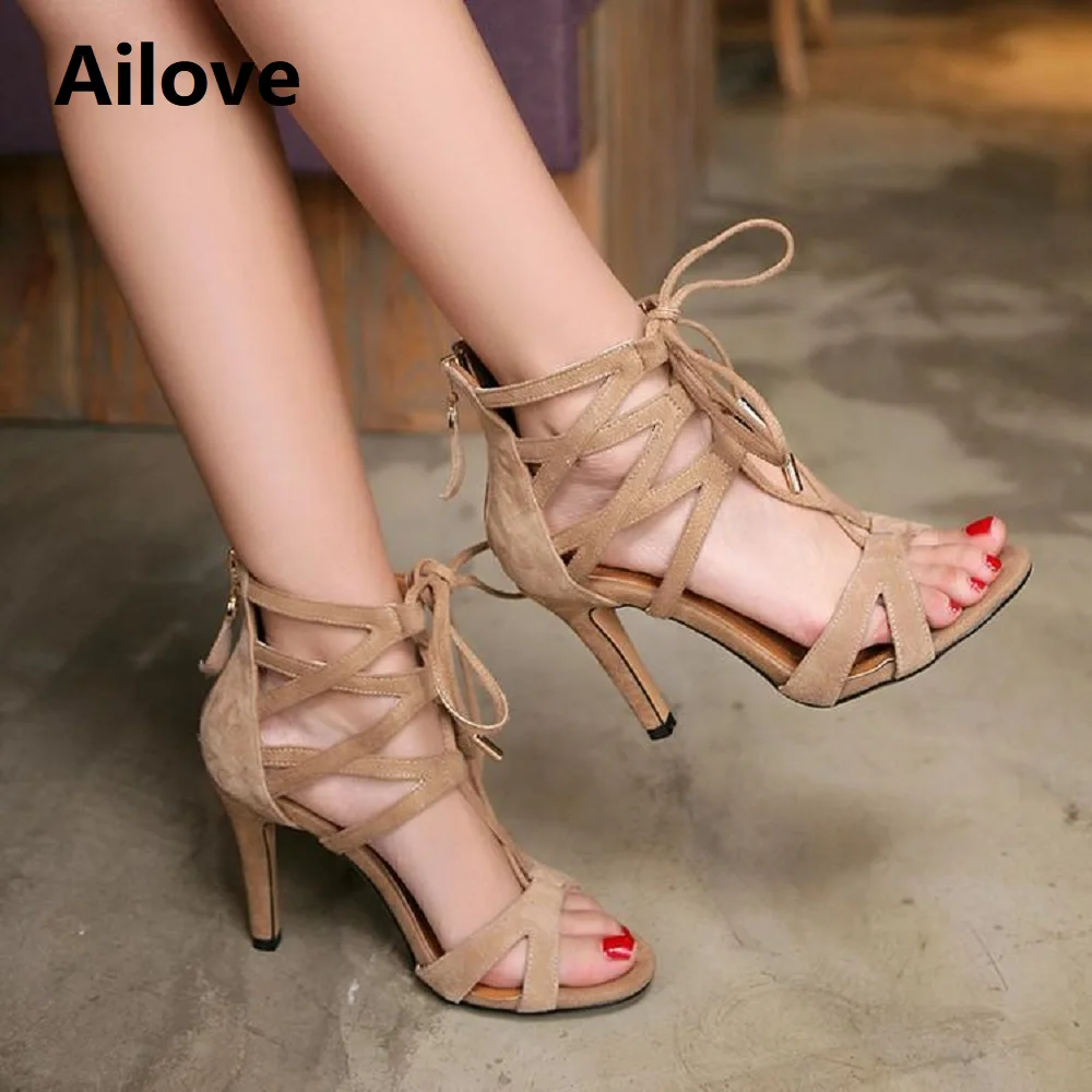 

Lady`s Ballroom Latin Dance Boots Women Salsa Professional Dancing Shoes Lace-up Sandals Suede Sole Multiple Heel Height ALS036