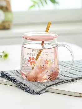 

Japan Style Sakura Heat-proof Glass with Tea Infuser Graduated Mugs with Lid Spoon 500ml Large Capacity Household Flower Teacups