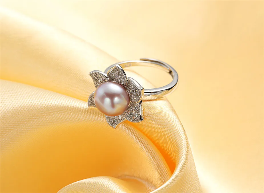 Dainashi Gorgeous 925 Sterling Silver Flower Zircon Crystal Adjustable Ring Luxury Genuine Freshwater Cultured Pearl Ring