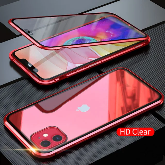 Защищающий от подсматривания магнитной адсорбции чехол для iphone 11 Pro Max Магнит двухсторонняя, для стекла чехол для iphone 11 обложки iphone 11 корпус под плетенную сумку - Цвет: Red HD Clear