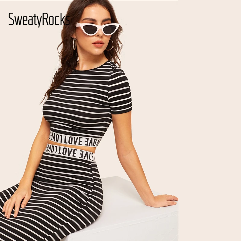 SweatyRocks комплект из топа в полоску и юбки-карандашей с буквенной лентой, женская одежда, обтягивающий комплект из двух предметов, одежда для активного отдыха, комплект из 2 предметов