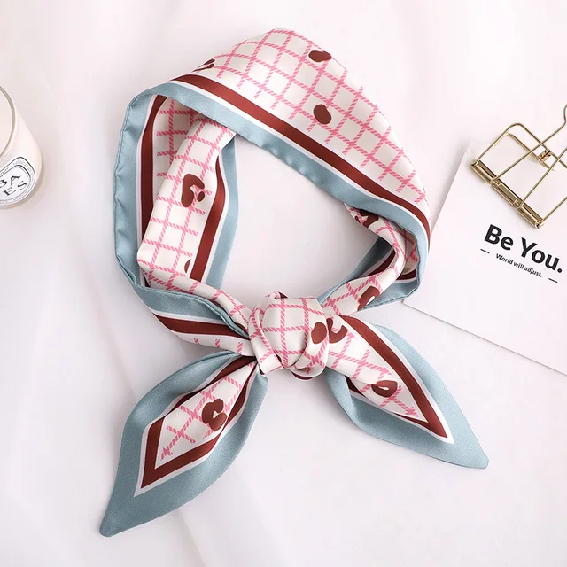 Sweet Love Print Women Small Silk Scarf Handle Bag Ribbons Female Head Scarves Sharp angle Green 90*10cm 7