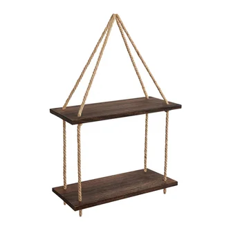 

Hemp Rope Decorative Shelf Board Two-layer Storage Racks Sundries Organizer Wall Decoration for Home Office Bedroom (Light Brown