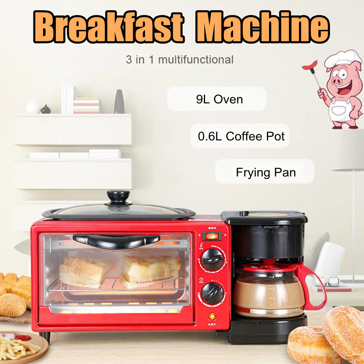 

3-in-1 Multifunction Breakfast Machine Coffee Pot Frying Pan Oven Bread Baking Maker Bread Toaster Fried Egg Coffee Cooker 1050W