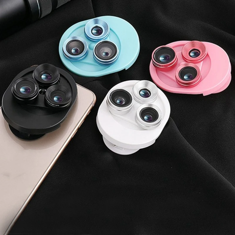 3 in 1 Mobile Phone Lens Set Professional Integral Turntable External Use Wide Angle+ Fish Eye+ Macro Camera Lens Set