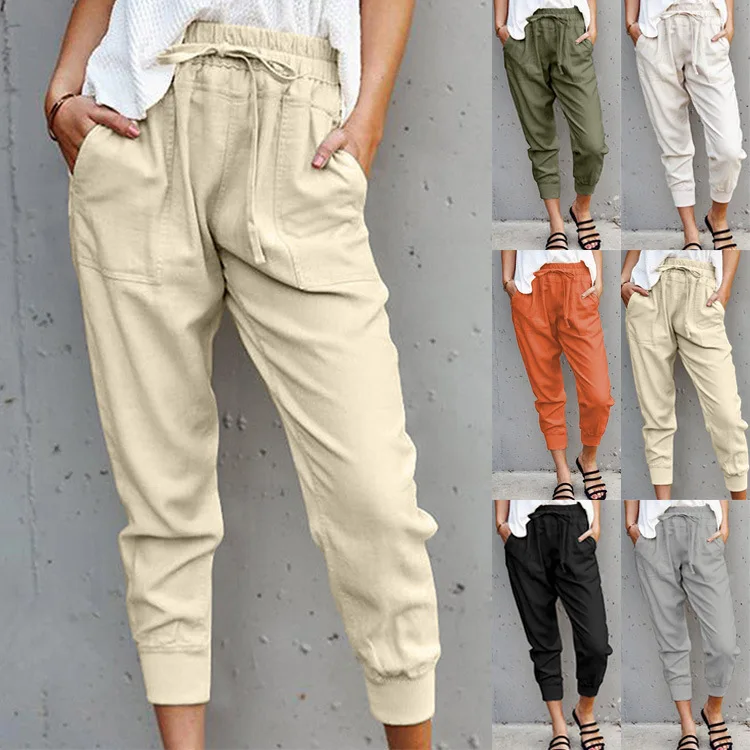 Pantalones lino y para hasta el tobillo Pantalón elástico, informal, Capris sólidos, ropa de calle, otoño, 2021|Pantalones pantalones capri| - AliExpress