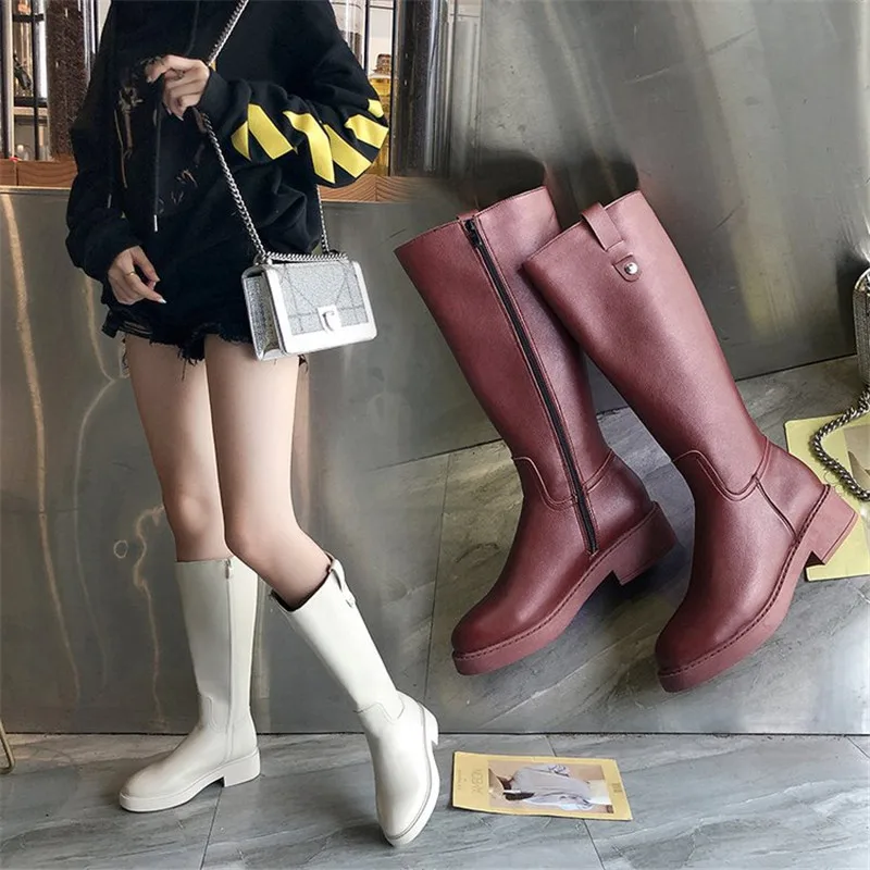 

Drop shipping Autumn Winter Mid-calf Women Boots Side Zipper Solid Color PU Leather Boots High Quality Knee High Boots XWX7400