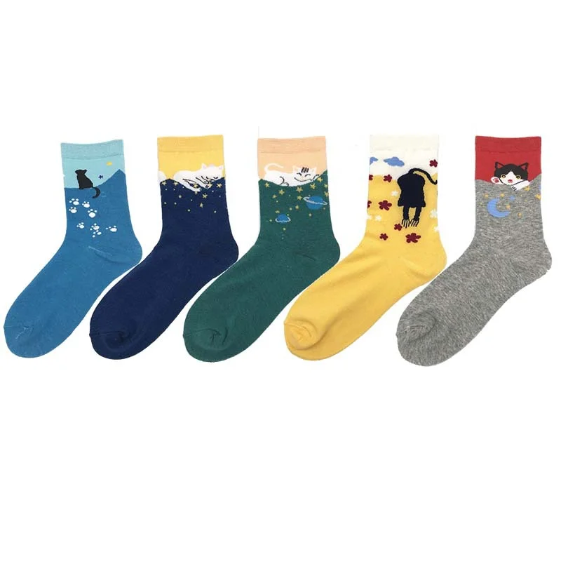 Cotton Short Socks Multicolor Cute Cat Harajuku Animal Design Women'S Casual Comfortable Crew Christmas Sock Free | Женская одежда