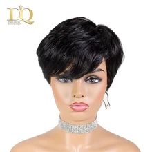 

DQ Short Cut Wavy Bob Pixie Wigs Non Lace Front Human Hair Wigs With Bangs For Black Women Full Machine Made Remy Brazilian