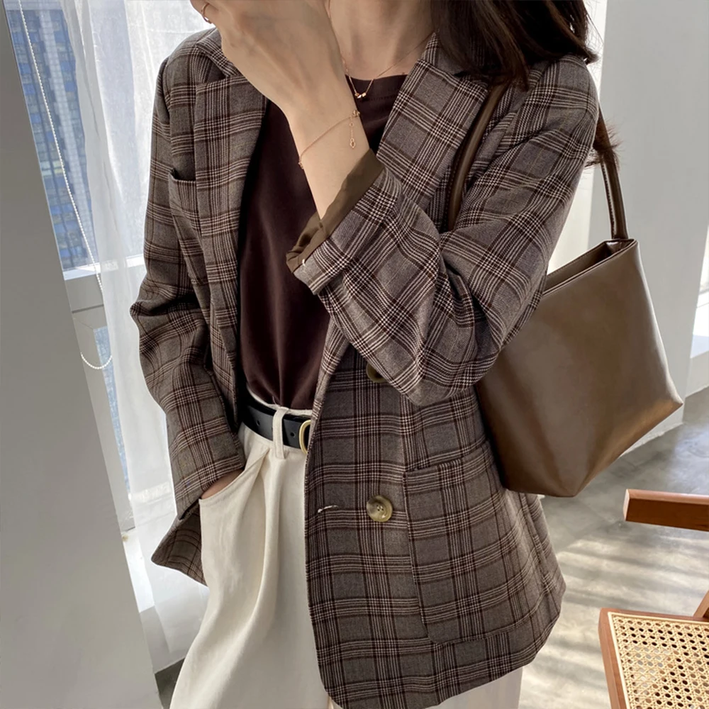 Plaid Elegant Office Ladies Women Blazer Suit  Pocket Loose Oversize Vintage Classic Tops Coat 2020 Spring Fashion Streetwear