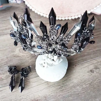 

Vintage Baroque Black Crystal Crowns Oversize Queen Headband Tiaras Crown Wedding Headwear Hair Accessories Bridal Tiara