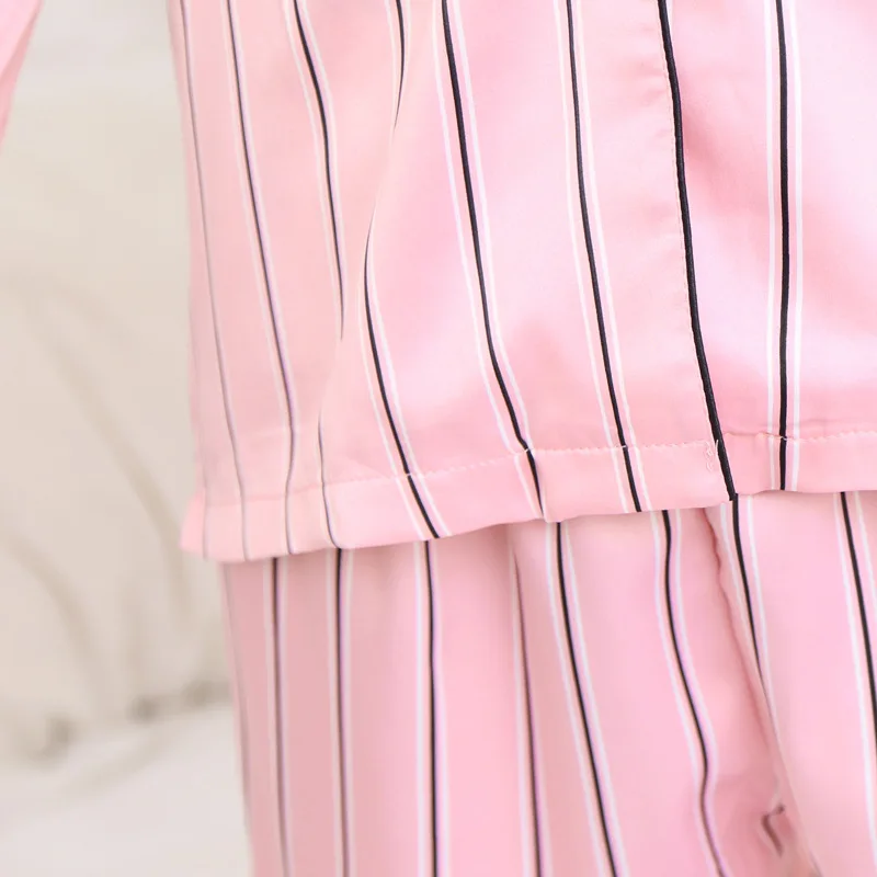 Розовые полосатые пижамы, шелковые атласные женские пижамы, набор стежков, полные брюки, женские пижамы из двух частей