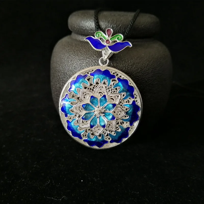 Online Blu Steampunk 999 Ciondolo In Argento Sterling Chakra Donne Wicca Pendenti con gemme e perle Dello Smalto del Cloisonne Fatti A Mano Gioielli Di Lusso Dell annata Rotonda