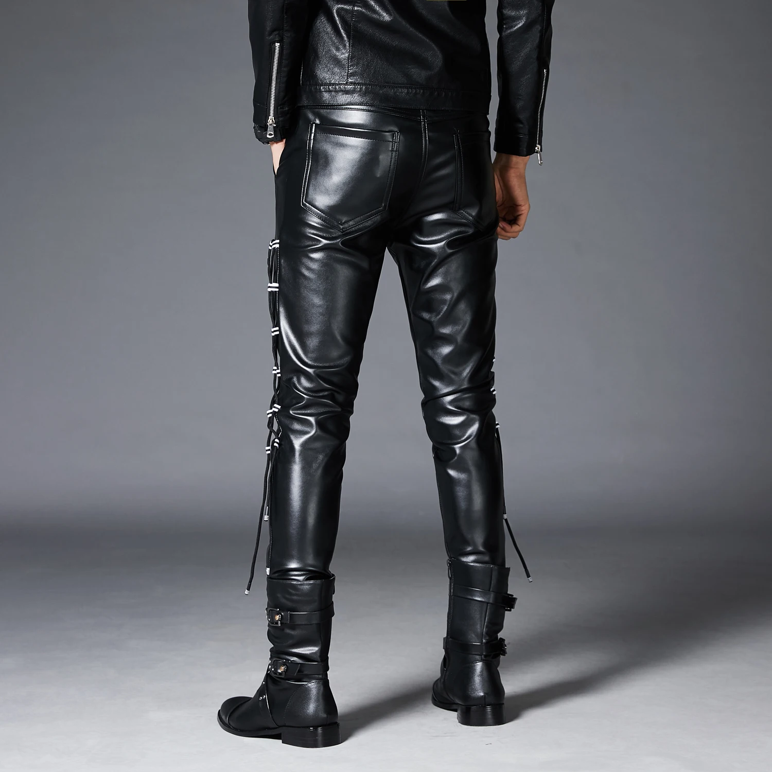 PantsLeatherPUFauxForMenBrandBlackFashionMotorcycleStreetwear